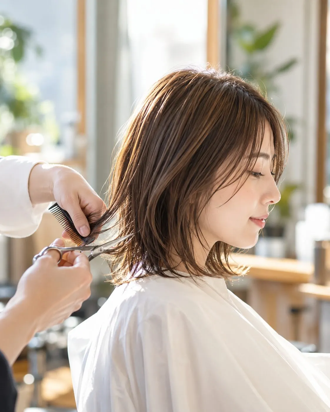 カット施術中のスタイリストの手元